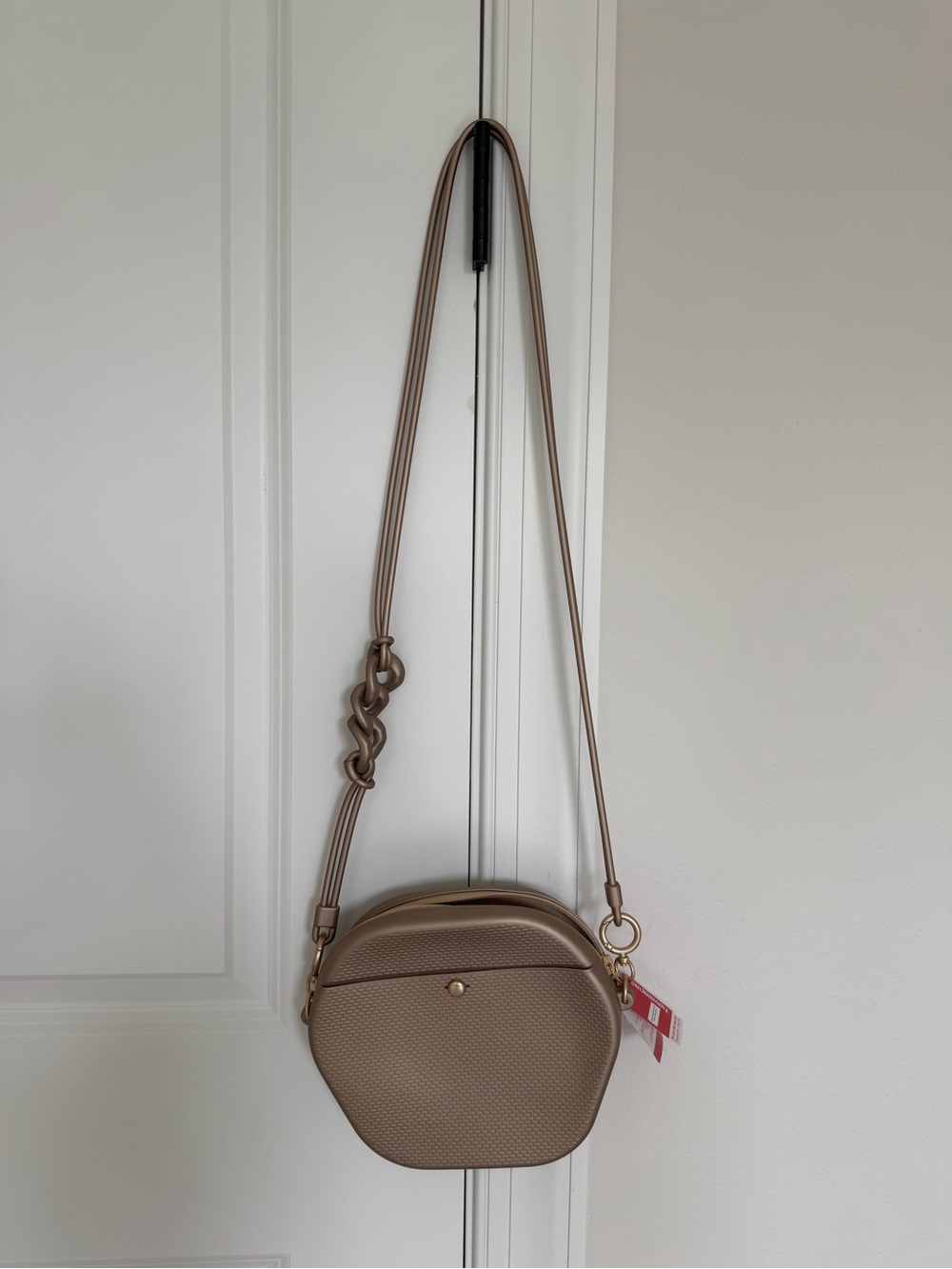 Taupe Round Crossbody Bag with Knot Strap and Matching Flip Flops